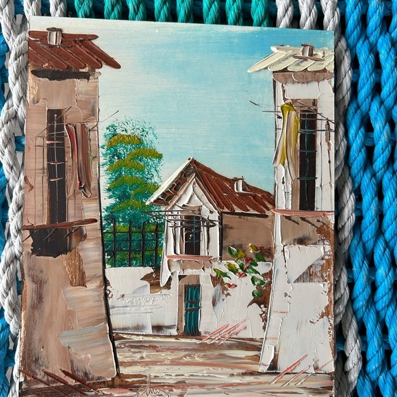 Oil painting of a rustic Spanish village on board measures 8.5 by 7 inches. - Picture 7 of 7